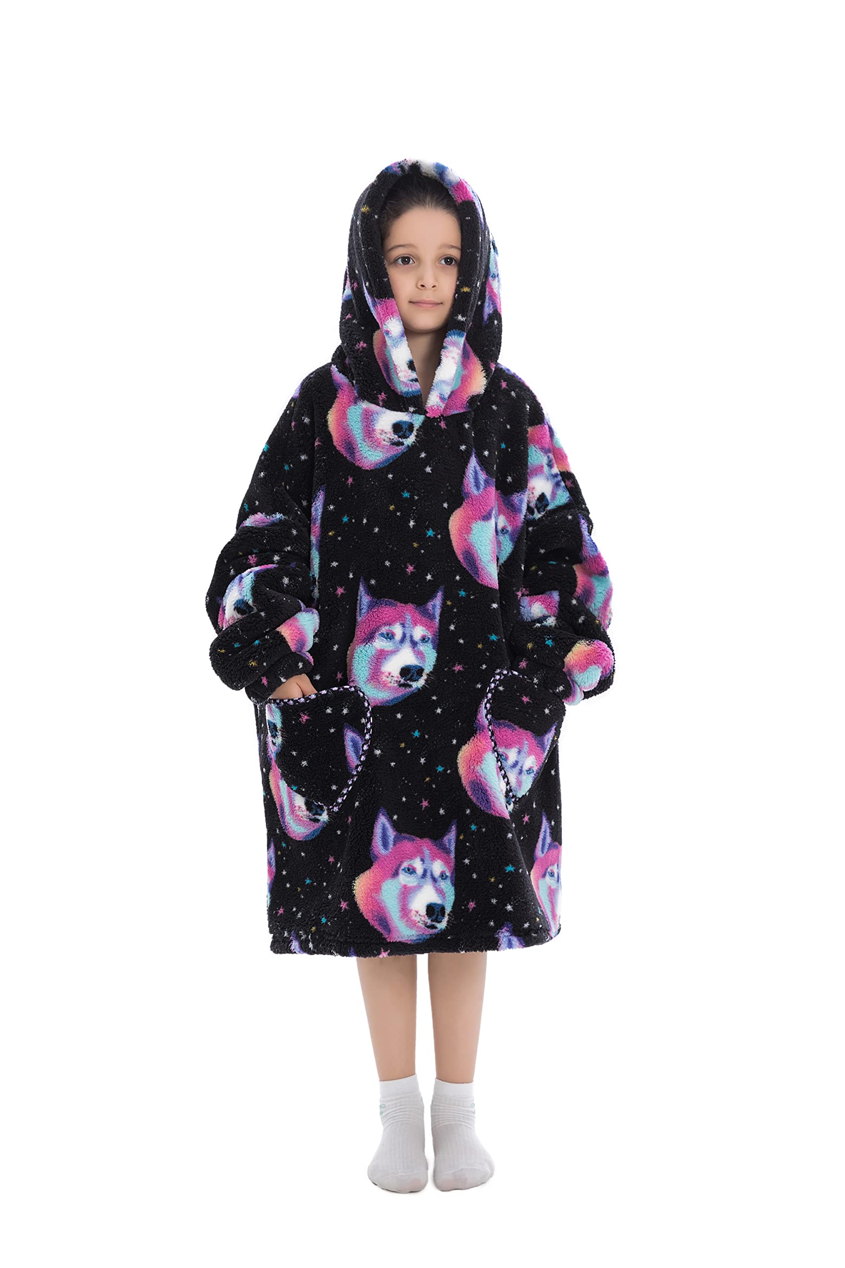 Kseyic Coperta con cappuccio, oversize, in flanella, con maniche, tasca gigante, per adulti