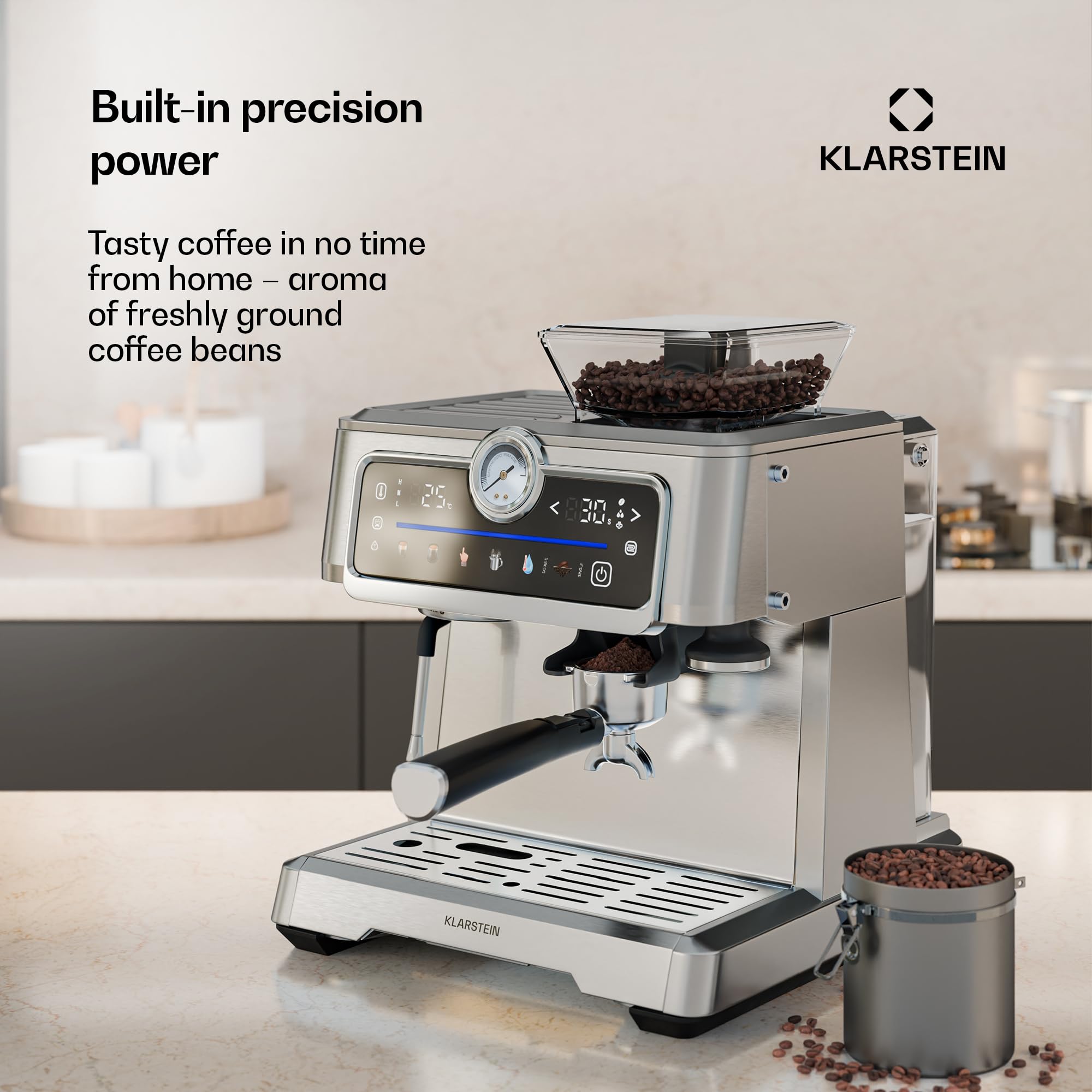 Klarstein GrandPresso Touch Ekspres kolbowy z młynkiem – 20 barów, 1350 W, Zintegrowany precyzyjny młynek, Zbiornik 2,3 l, Ekran dotykowy, Stal nierdzewna, Dysza parowa, Manometr