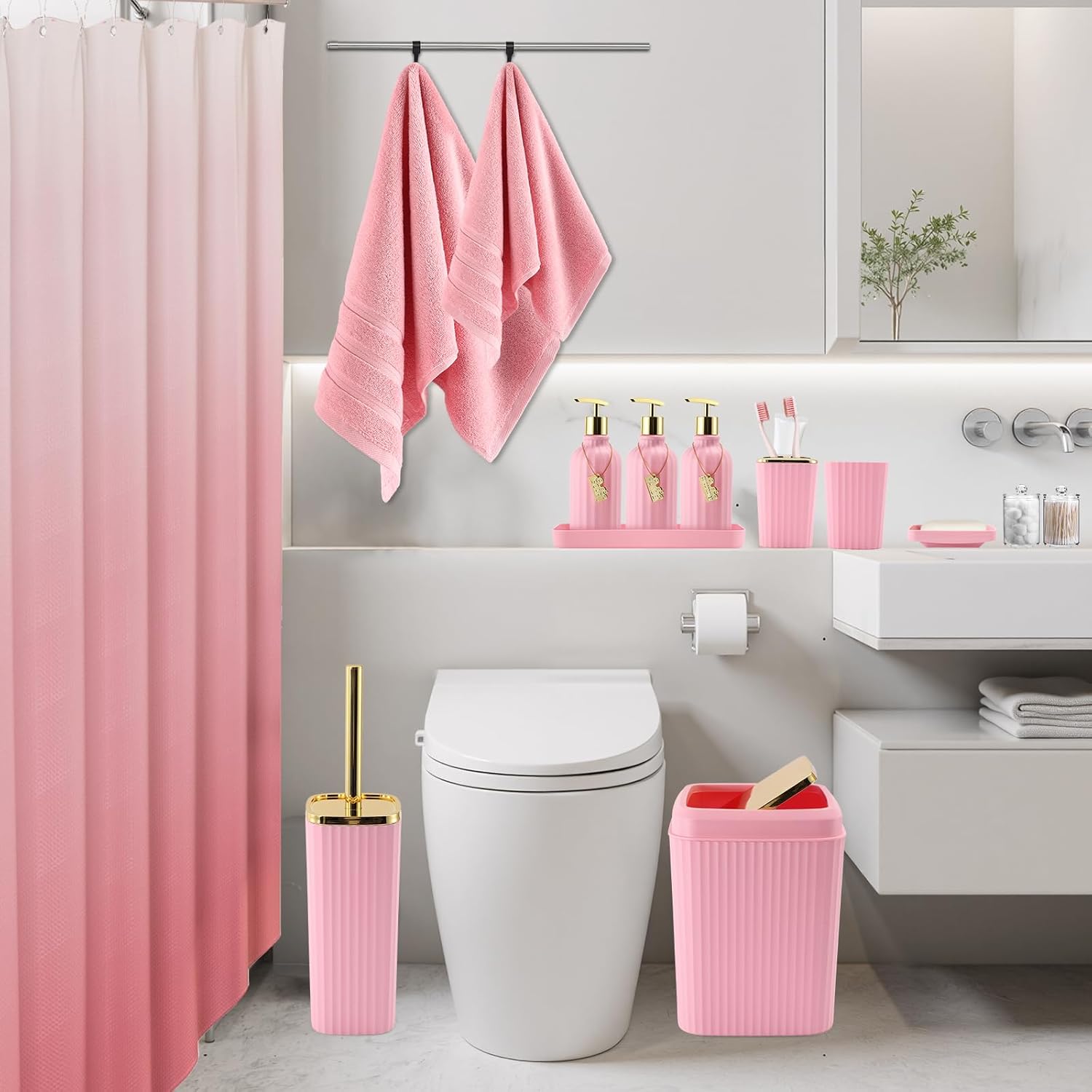 32PCS Bathroom Accessories Set Bathroom Set,Pink Shower Curtain Set,Bath Towel Set,Hand Towel,Toilet Brush,Trash Can & 3PCS Soap Dispenser