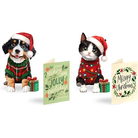 Freshcut Paper Pop Up Cards, Mini Christmas Puppy & Kitten, 6 Inch Mini Sized 3D Pet Gifts, Popup Greeting Card, Christmas Card, Paper Cat & Dog Cards, Blank Notecard & Envelope