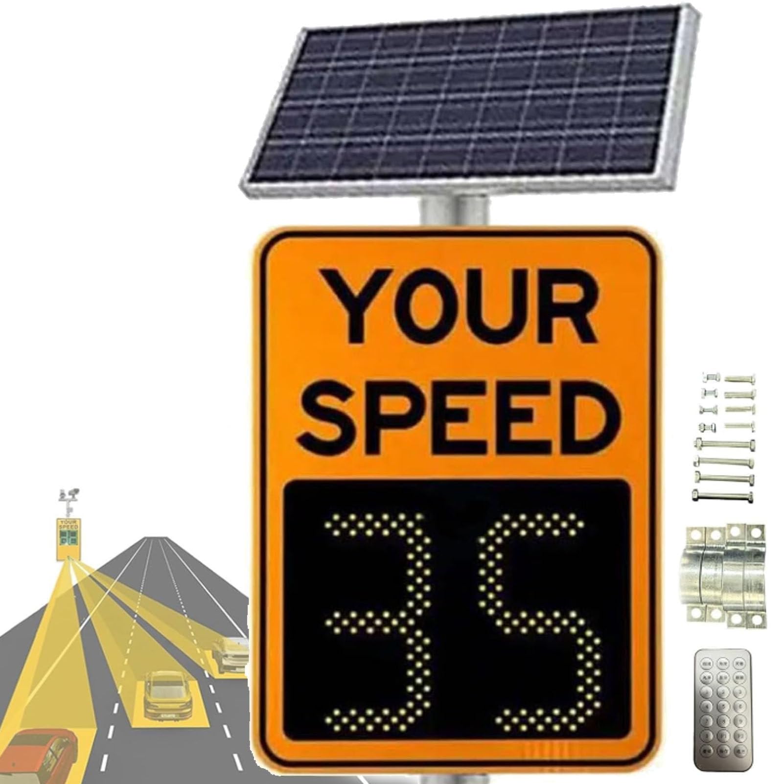 SENJINGHUA Solar Powered Radar Speed Limit Sign, 28"x20" Weatherproof LED Radar Feedback Sign Traffic Feedback Warning Board Speed Display Orange
