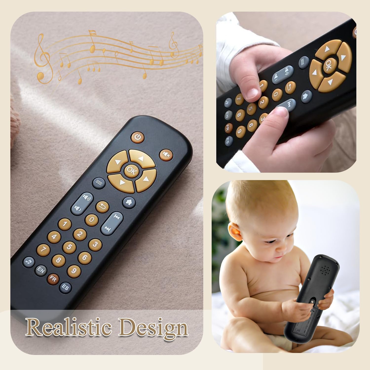 Realistic Baby Infant Silicon Tv Remote Control Toy with Music and Light for Toddlers Early Education with Numbers and Multi Languages for Boys and Girls (Black) - Image 3