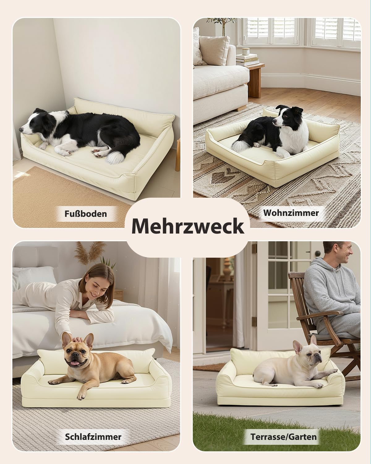 Orthopädisches Hundebett,Wasserdicht Kunstleder Hundekissen | 91x68 cm,Beige,Hundekorb für Grosse Hunde,Leicht zu Reinigen,Waschbar Hundesofa mit Rutschfester Boden, Rundum Erhöhter Rand