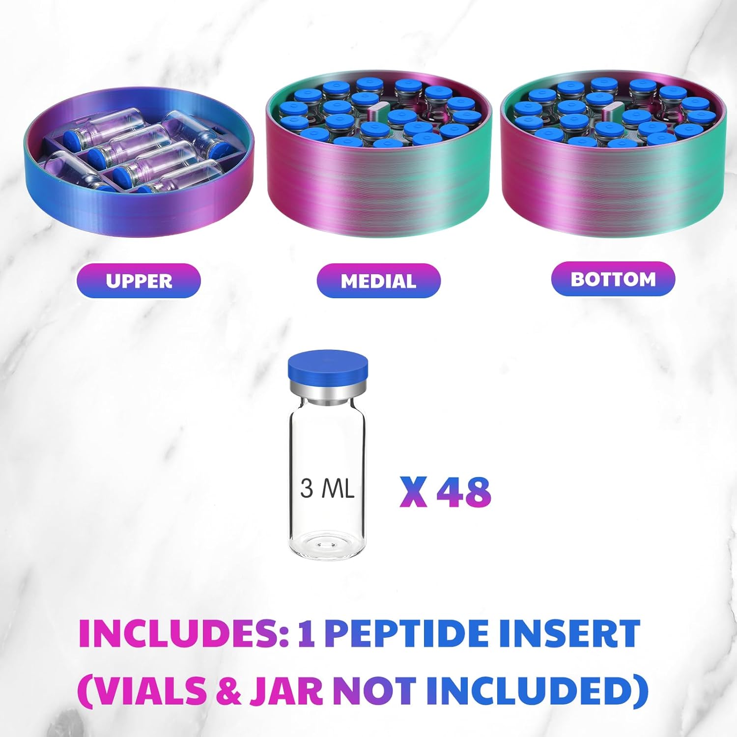 LemonRoad 3ml Vial Storage Inserts for 32oz Food Jar Peptide Case Insert Holds 48 Vials, 3 Piece Organizer Kit for Wellness, Travel, or Fridge Use (Gradient,1 Set)
