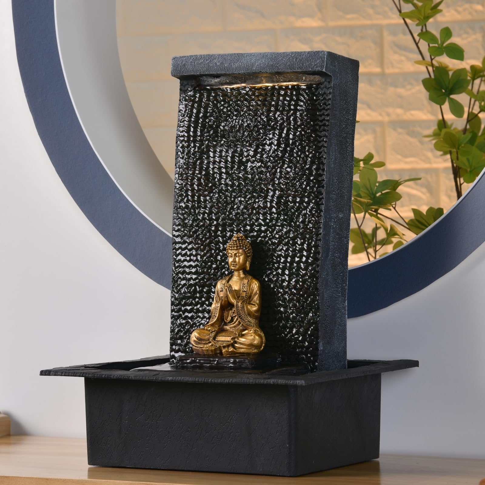 Mur d’Eau Zenitude - Fontaine d’intérieur avec Spot LED Jaune - Grande Fontaine de Table avec Statue Bouddha Amovible - Ambiance Zen pour salon, bureau, chambre - Cadeau Original - H: 40cm - Zen’Light