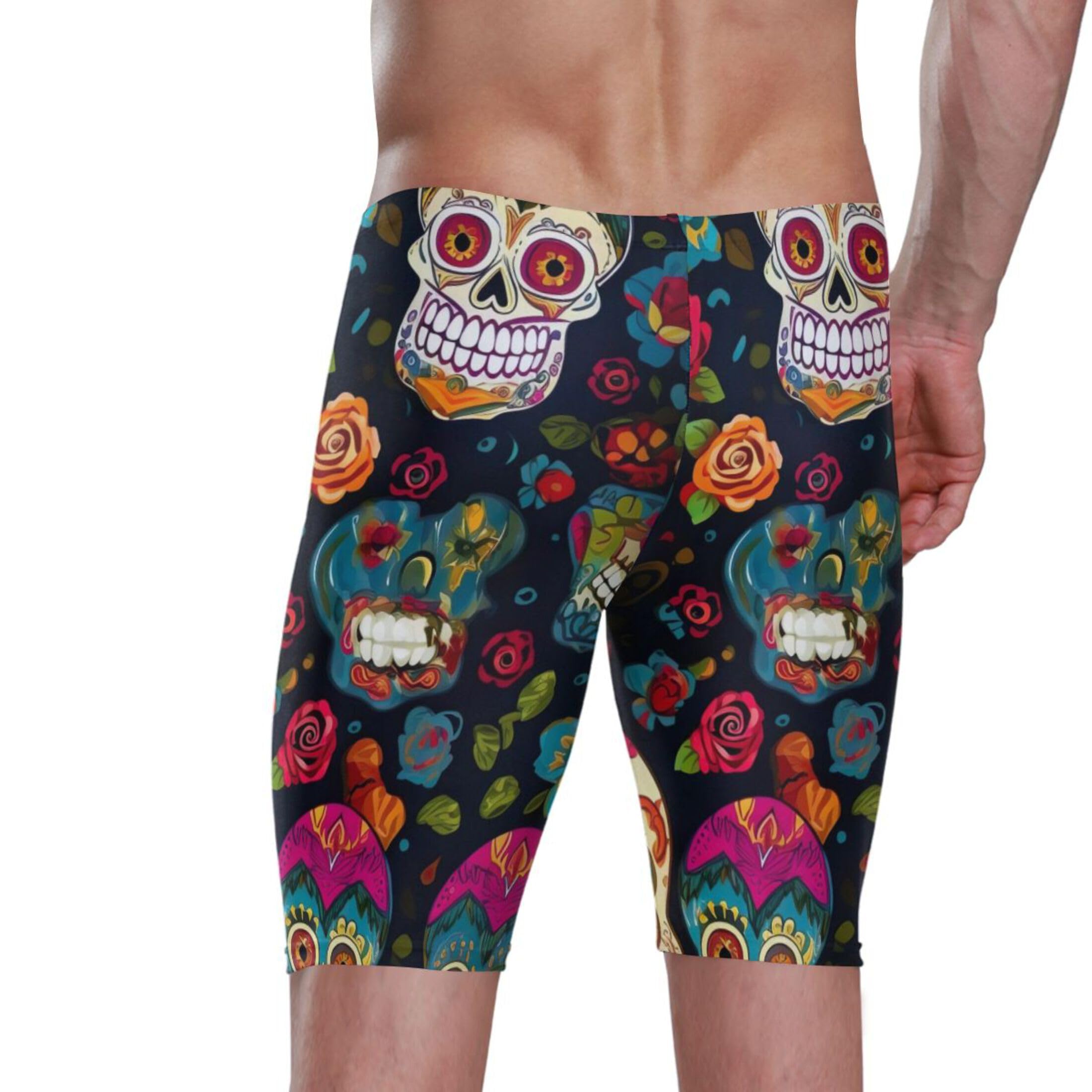 Sugar Skull Skeleton Gothic Flowers Men's Swim Jammers Swimsuit M B0400593