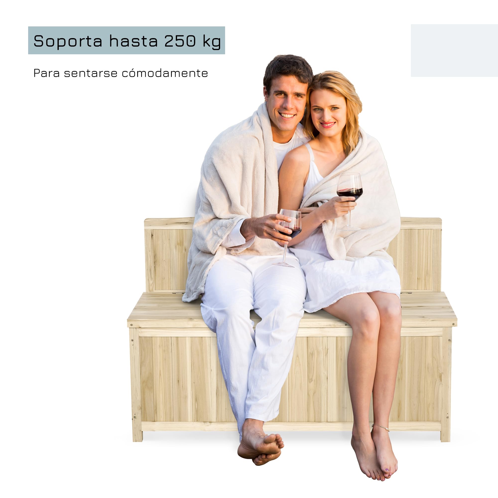 Outsunny Banco de Jardín de Madera Banco de Exterior 115x45x75 cm Natural | Caja de Almacenaje, Respaldo, Carga 250 kg, para Patio Terraza Balcón