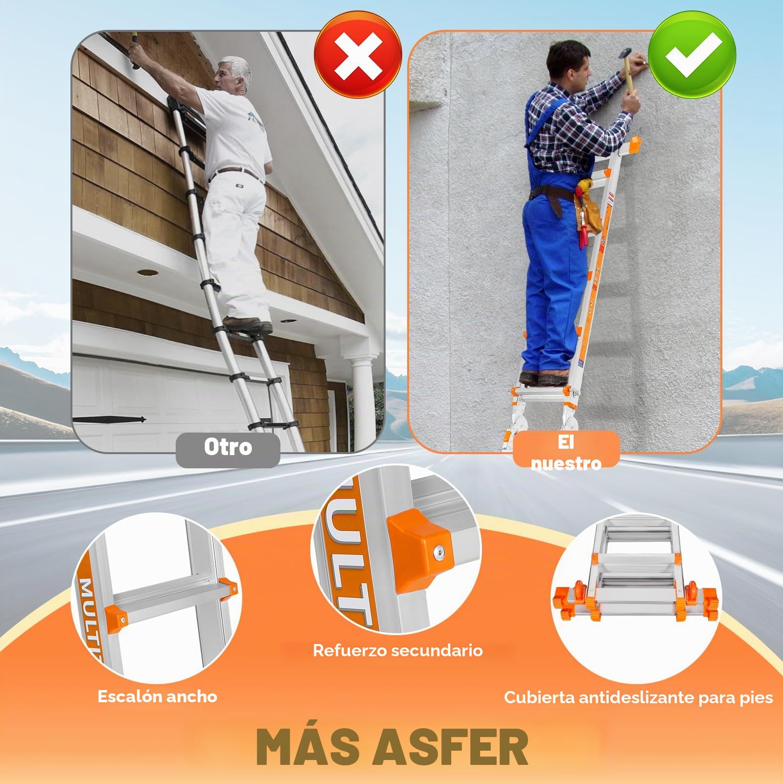 Escalera de 3 peldaños con Varias Posiciones, Escalera Deslizante de 3,3 m con estabilizador y Ruedas, Carga de Seguridad de 150 kg, una Escalera de Marco para escaleras, hogar, Interior, Exterior y