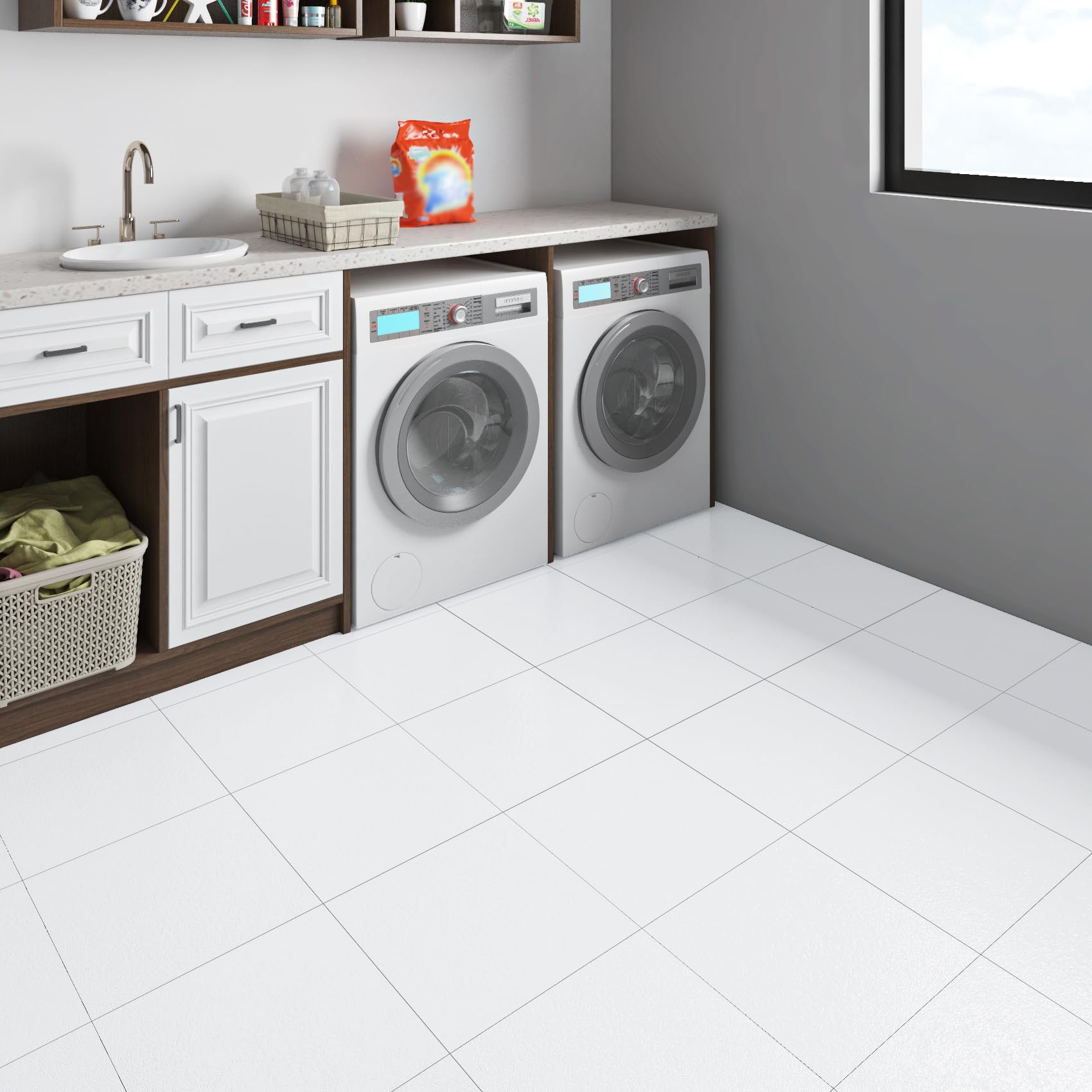 Livelynine Vinilo Adhesivo Suelo Baño Color Blanco 30x30CM Lavable Suelo Vinilo Autoadhesivo Cocina 32-Baldosas Vinilos Suelos Autoadhesivo Salon Habitacion Baldosas Adhesivas Suelos Pasillo Lavadero