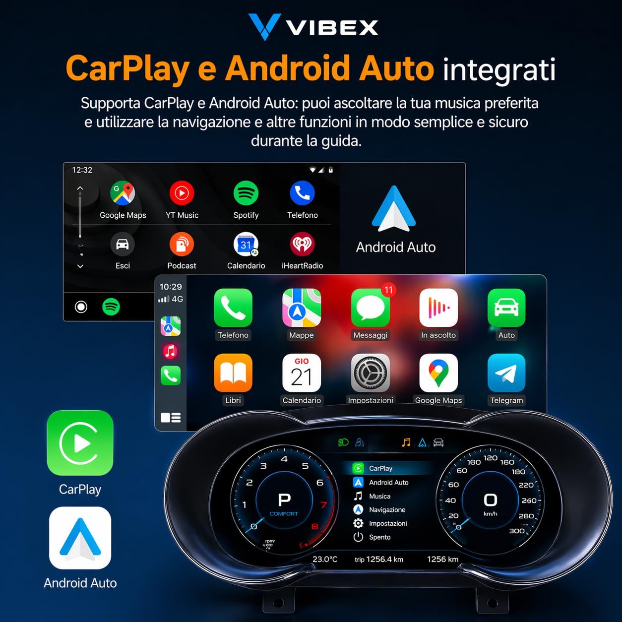 VIBEX Tachimetro Digitale 10,25 per Audi A3, S3, RS3 8V 2013-2019 |Virtual Cockpit LCD Full HD | Apple CarPlay Android Auto Wireless | Navigazione GPS | Plug & Play | Comandi al Volante |