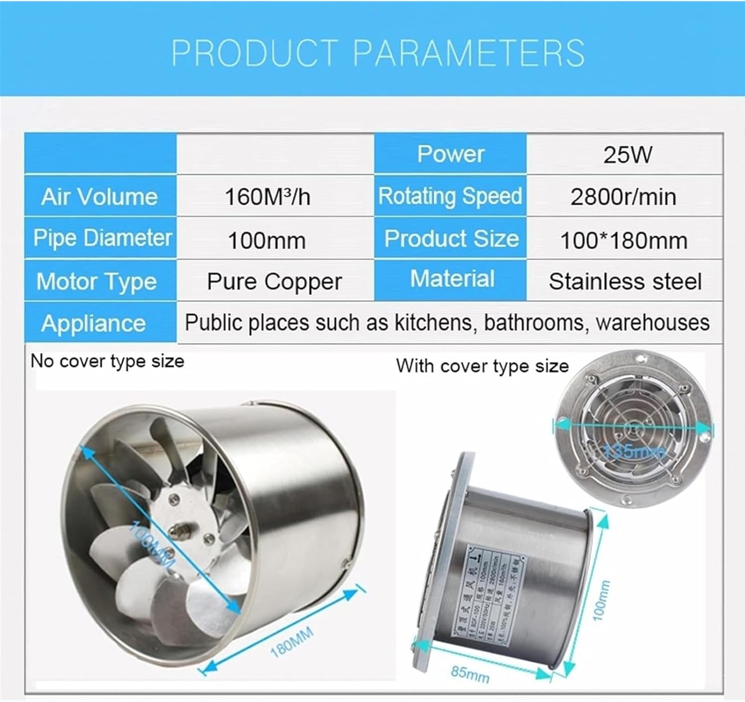 Ventilation Fan 4 Inch Stainless Steel Pipe Exhaust Fan Window Duct Air Ventilation Blower Toilet Kitchen Ventilator with Cover Booster Extractor 100mm ventilating Fan(Co(