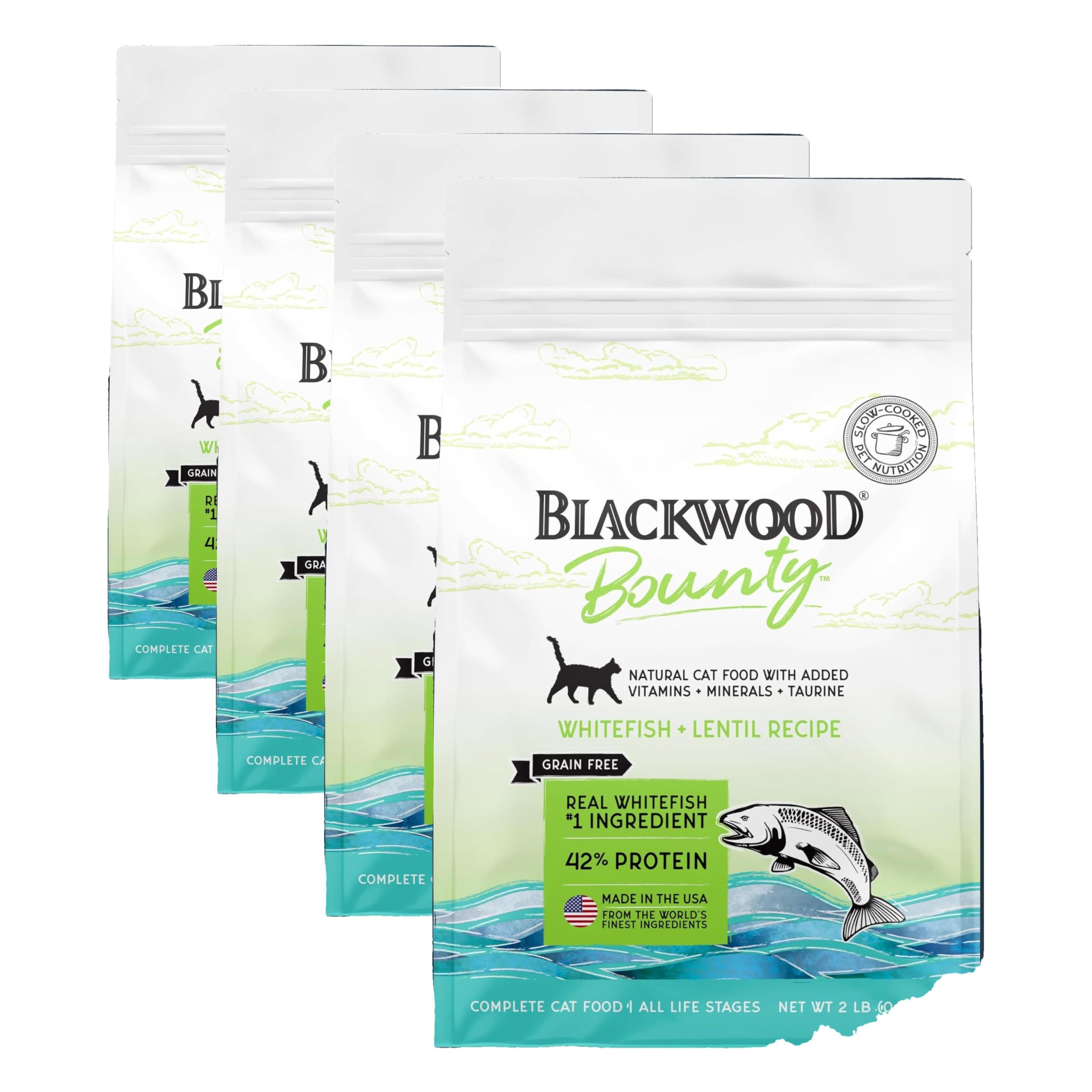 Blackwood Bounty Dry Cat Food, Whitefish &amp; Lentil Recipe for All Life Stages, 2 Pound Bag, High Protein, Grain Free (Pack of 4)