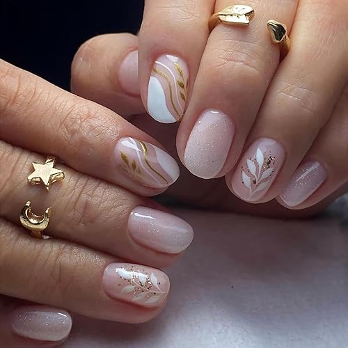 Miniatura 1 de Uñas postizas cuadradas cortas a presión, uñas acrílicas nude, uñas postizas de cobertura completa con diseños de rayas de hojas, pegamento