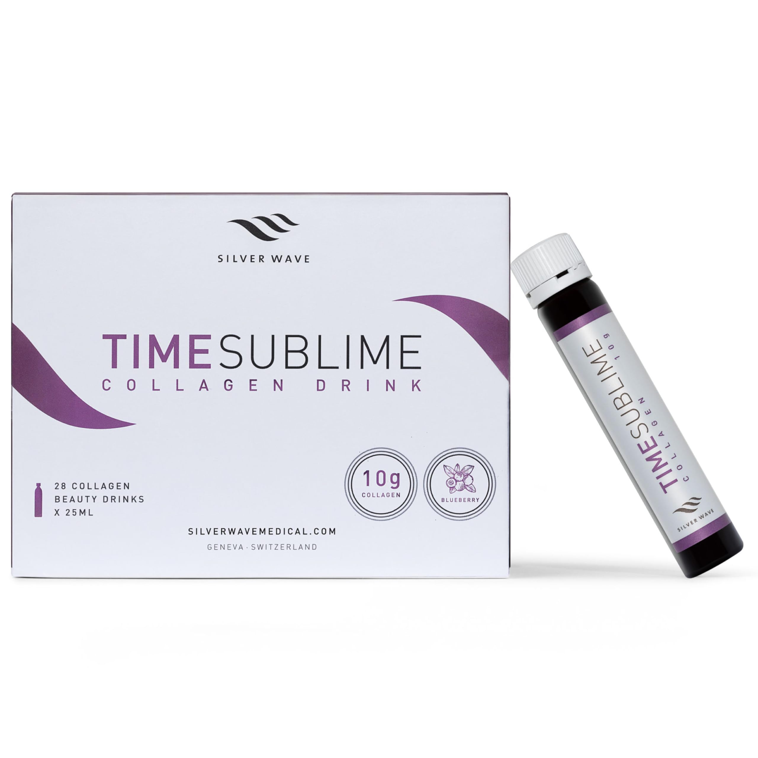 Silver Wave Time Sublime Collagen Drink – Collagène à Boire Hydrolysé 10 g – Cure Beauté Peau Anti-Âge, Fermeté & Élasticité – Vitamine C, Zinc, Biotine – Sans Sucres Ajoutés – 28 Flacons x 25 ml