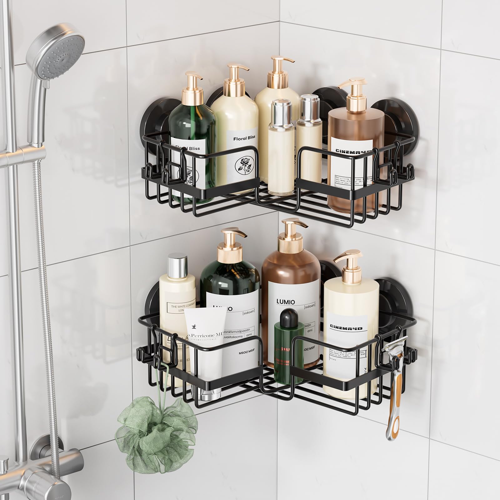 LEVERLOC 2 Pack Corner-adaptive Suction Cup Shower Caddies Drill-Free Wall Mounted Basket Stainless Steel Rustproof Corner Shower Shelf