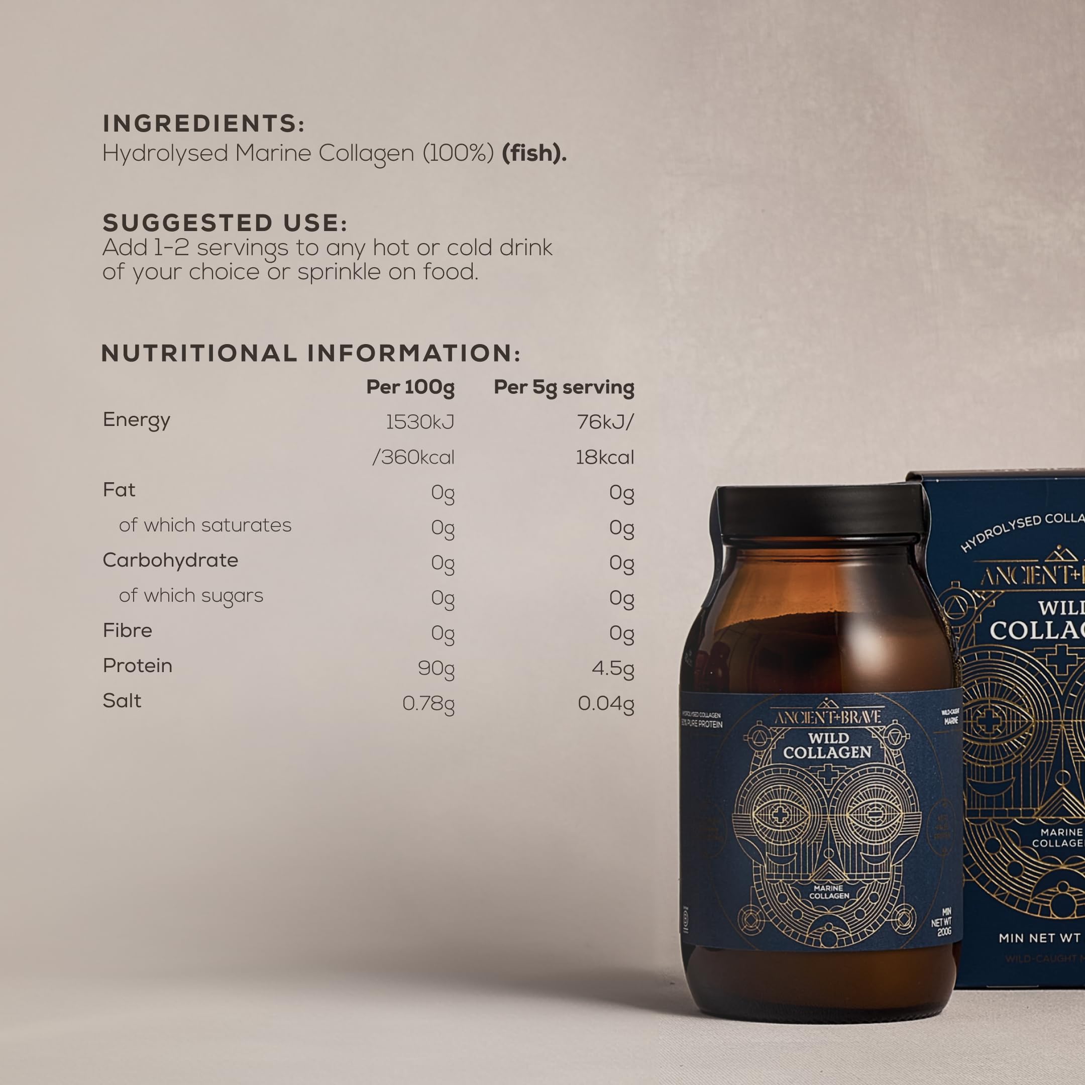 Ancient + Brave Wild Collagen Powder 200g - Integratore di Peptidi di Collagene Marino Puro Idrolizzato - Collagene in Polvere da Pesce ad Alto Contenuto Proteico - Certificato Halal e Kosher
