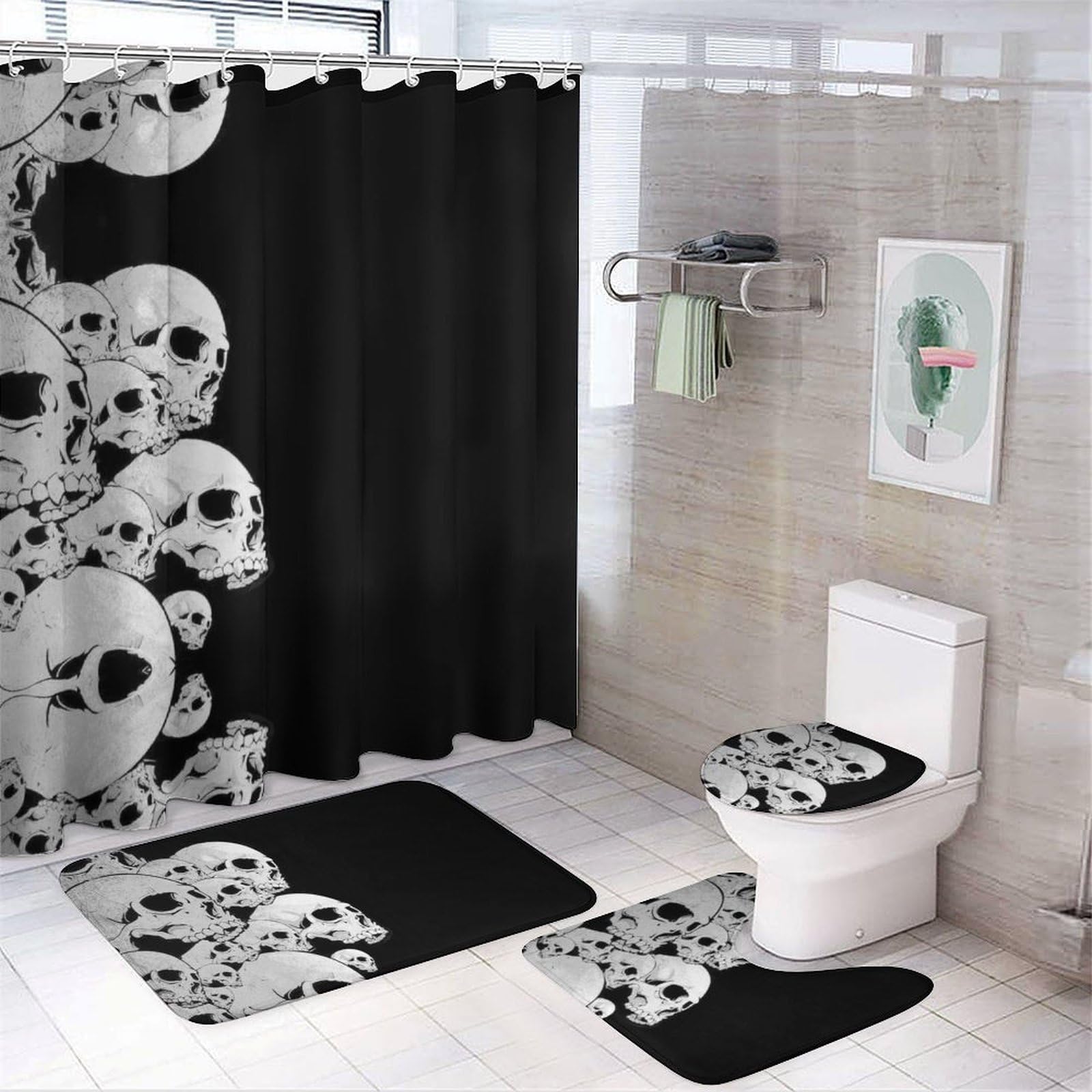 Wlntrophic Bathroom Mat Set 4 Piece, Black Skulls Shower Curtain with Non-Slip Bath Mats for Bathroom