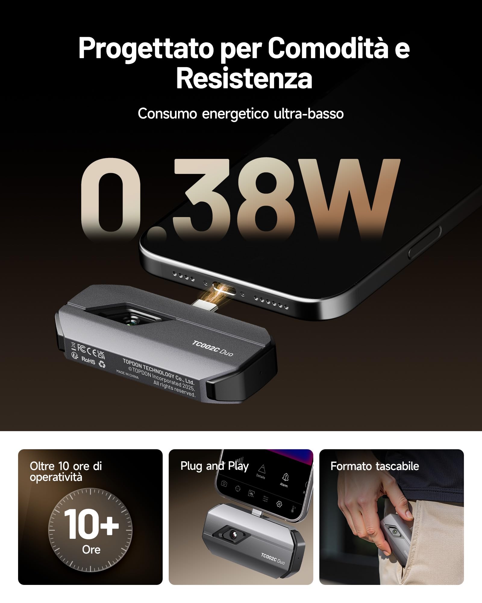 TOPDON TC002C Duo Termocamera Professionale per Android e iPhone, 512x384 TISR ad Altissima Risoluzione Telecamera Termica USB-C, da -20℃ a 550℃, Precisione 0.1℃, Frequenza 25Hz, 40mK