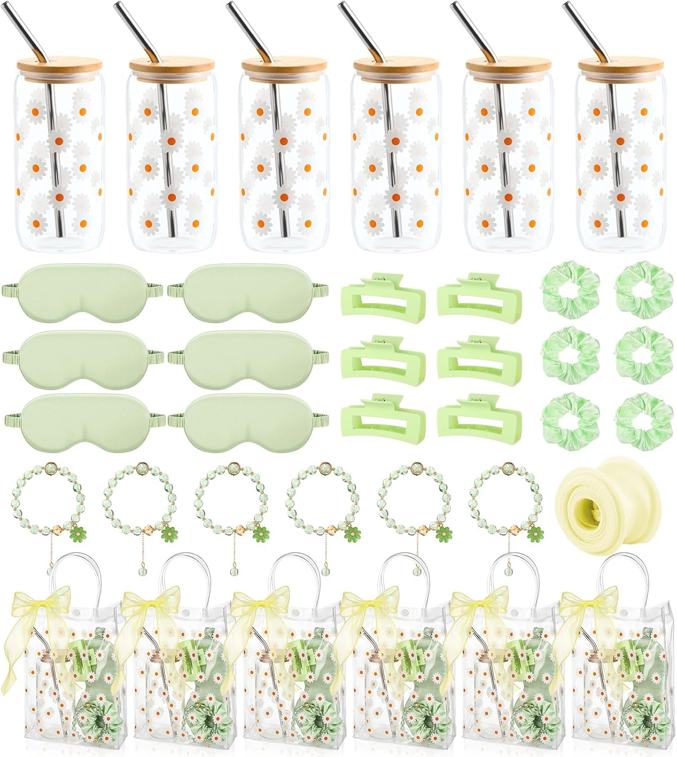 Vesici 42 Pcs Spa Sleepover Party Supplies Bulk for Women 6 Set Slumber Spa Birthday Gift Party Favor with Glass Cup, Eye Mask, Hair Tie, Hair Clip, Bracelet, Tote Bag, Ribbon(Daisies,Green)