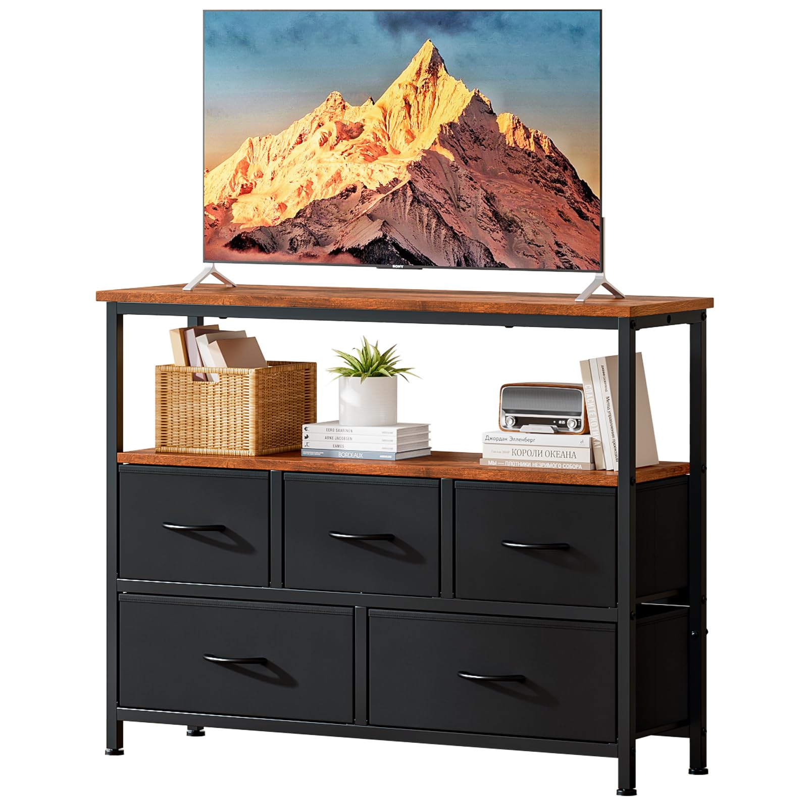 Meuble TV avec rangement, console TV avec 5 tiroirs en tissu et étagères, console multimédia pour salon, support TV pour chambre à coucher (noir)