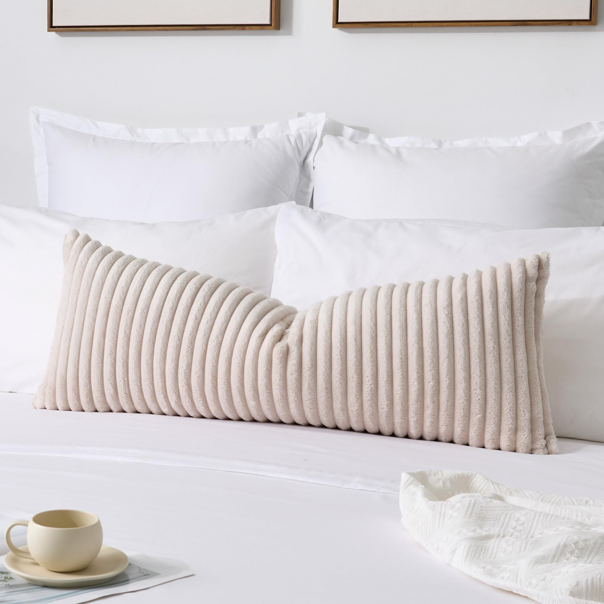 Photo 1 of Kevin Textile Soft Plush 14x36 Inch Long Lumbar Pillow Cover 1 Pack, Luxury Fluffy Faux Fur Striped Flannel Rectangle Body Cushion Case for Couch Sofa Chair Bed Home Decor, Beige