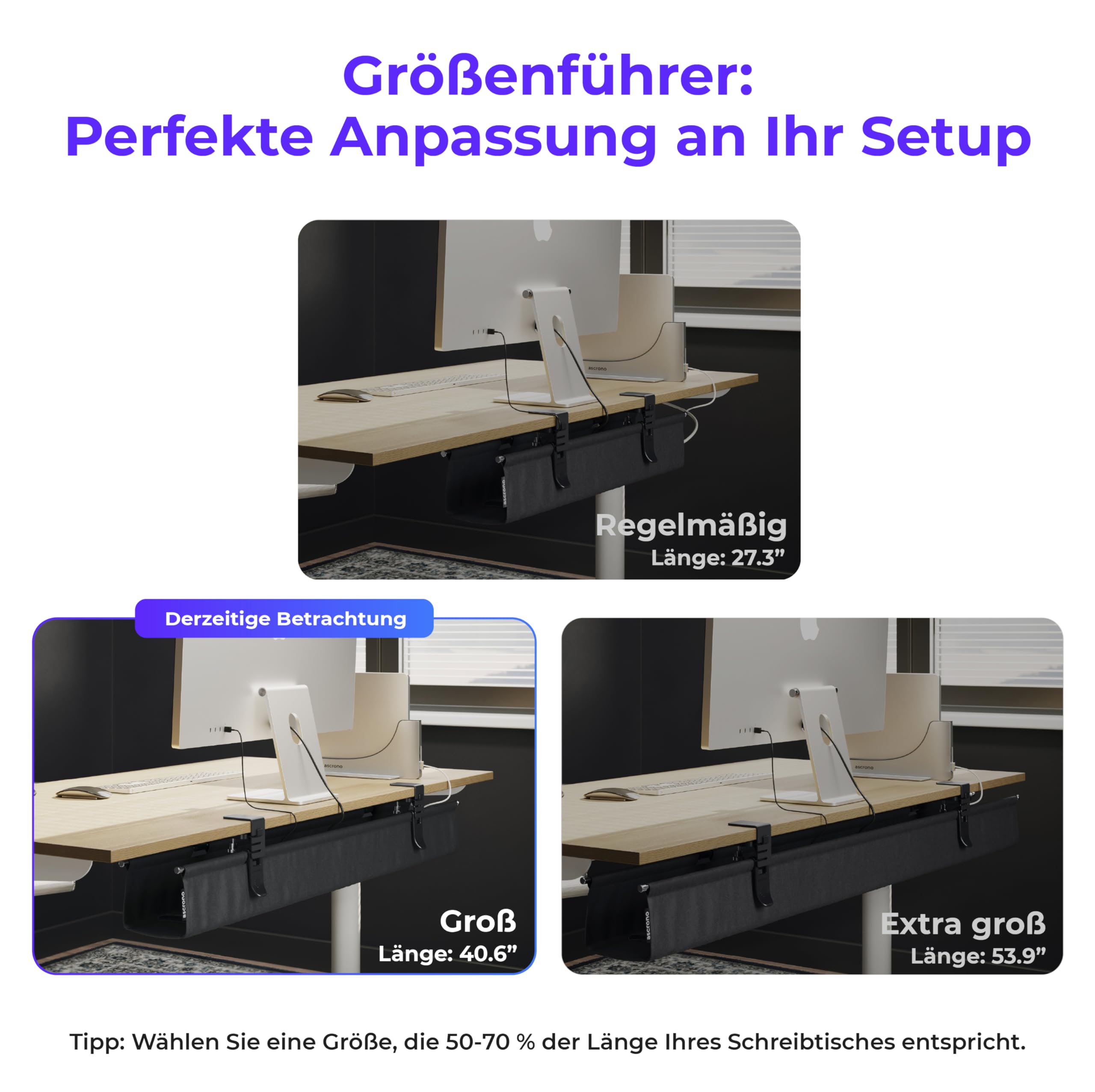 CableCare Kabel-Management-Tablett ohne Bohren unter dem Schreibtisch, 103,1 cm, Schreibtischkabel-Organizer für Schreibtisch-Kabelmanagement, Klemm-/Schraubmontage, Kabelablage bis zu 30 kg
