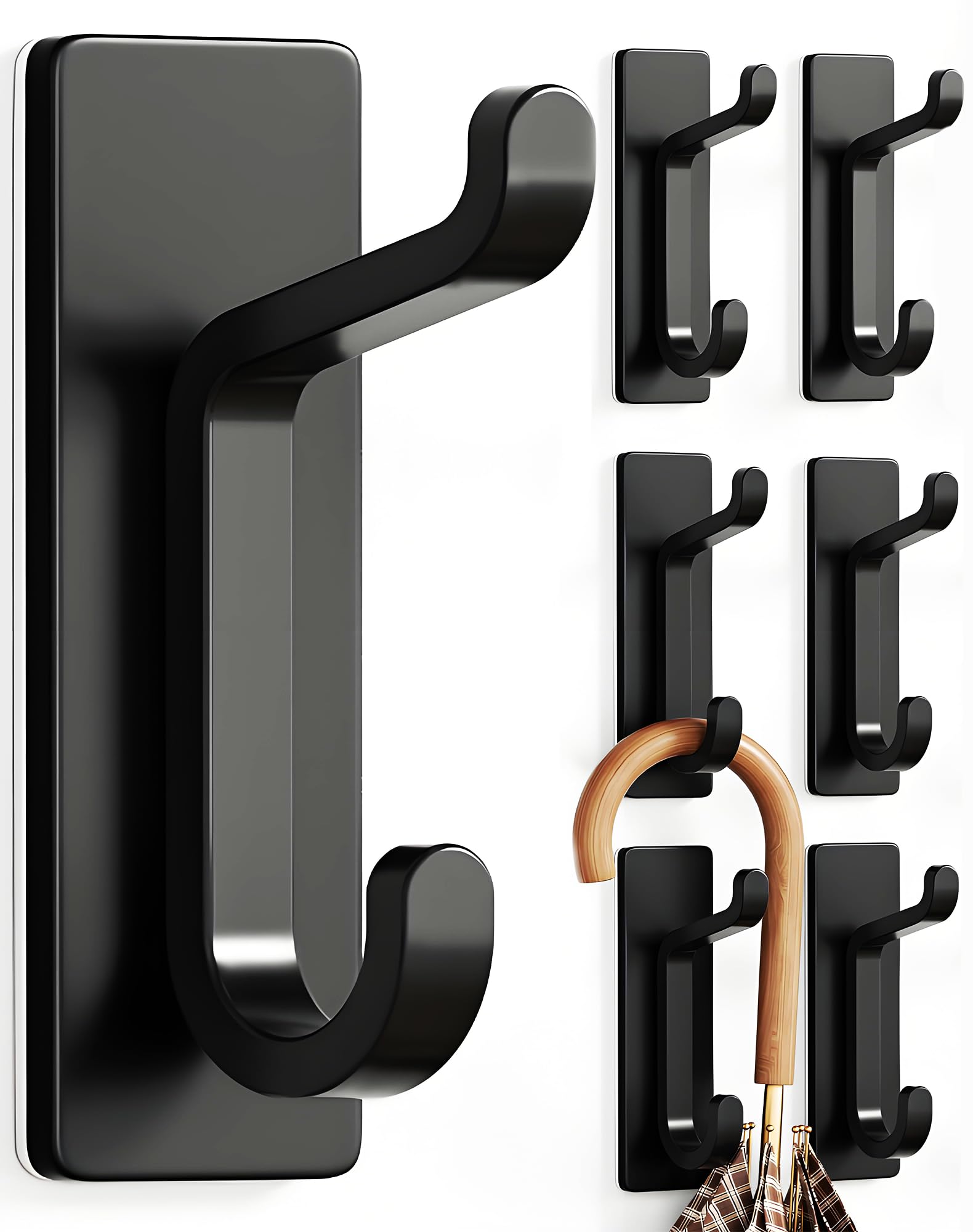 pickpiff Wall Hooks for Coat and Towel: 13LB Adhesive Door Hanger Stick on, Black 6 Pack