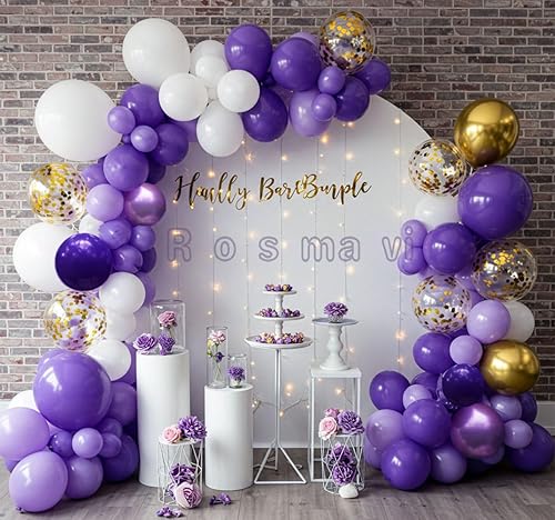 Miniatura 9 de Kit de 132 guirnaldas de globos morados, globos de látex morados, kit de arco de globos morados, morado y dorado con mariposas doradas, para boda,