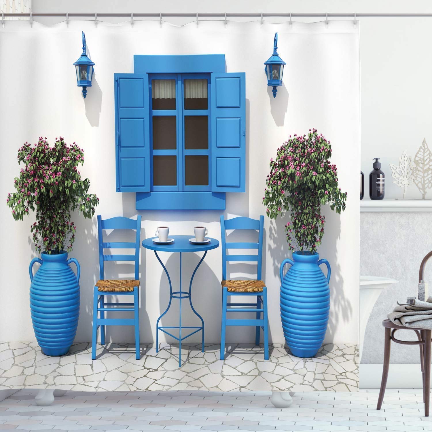 lovedomi Travel Decorative Shower Curtain Traditional Greek Design Holiday Summer House Window Image Shower Curtain Decoration 72X72Inch Polyester Waterproof Fabric Including Twelve Plastic Hooks