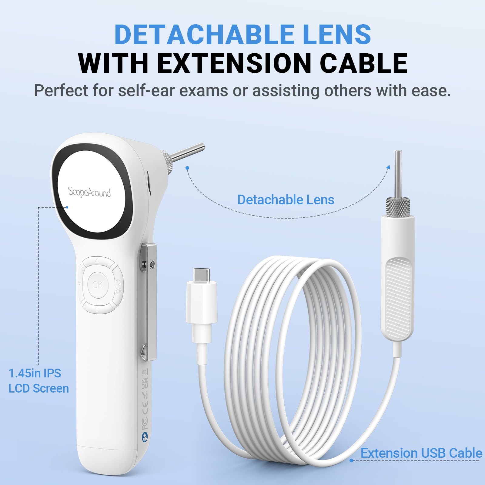 ScopeAround Otoscopio Digital con Pantalla IPS, otoscopio de Video Inteligente HD de 720p con luz, otoscopio para el oído con cámara de eliminación de Cera de oído, comprobador de oídos, Encendido y