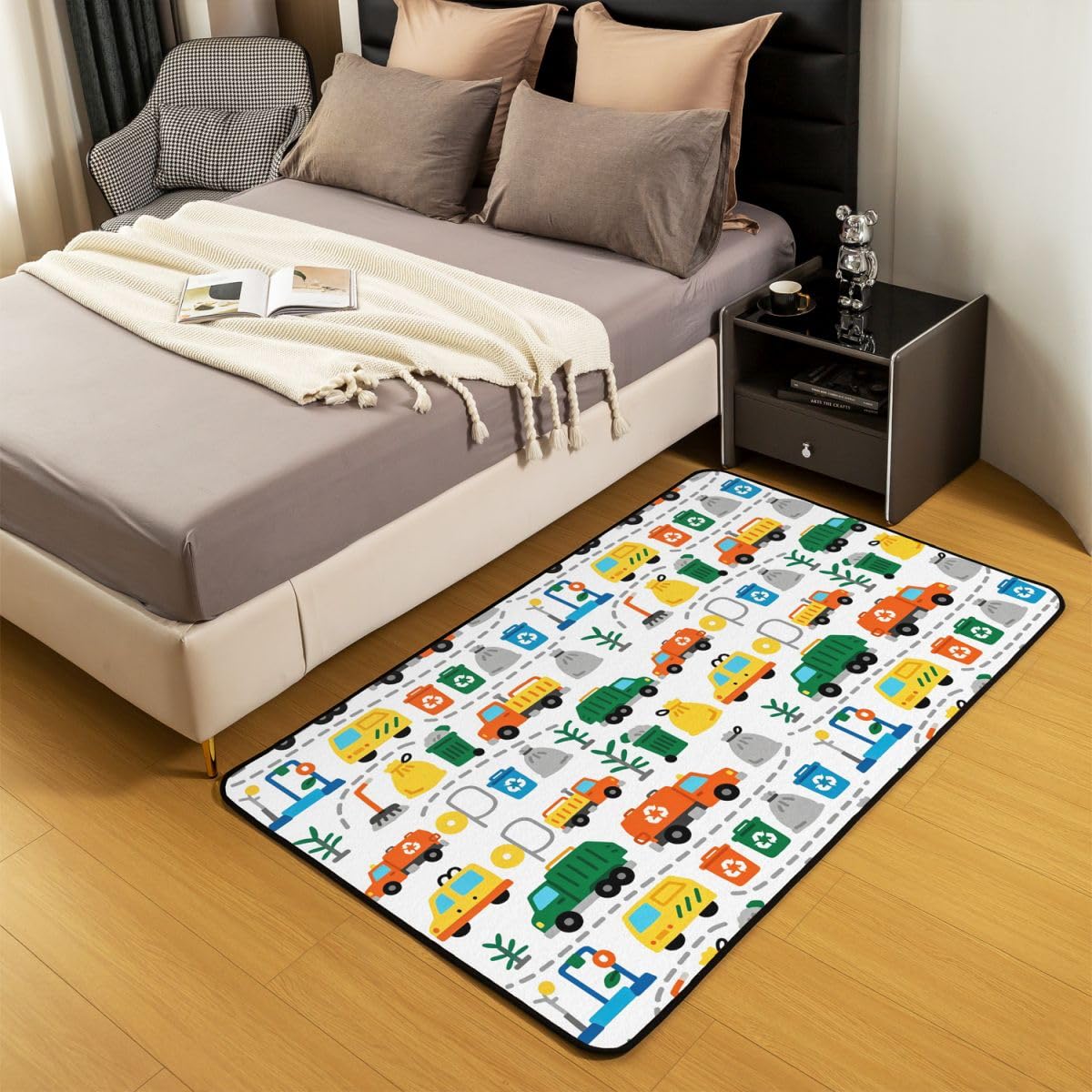 Homewish Müllabfuhr 150x200 Teppiche Wohnzimmer Müllwagen Rug Pflegeleicht Handgezeichnetes Recycling Thema Teppich Mülleimer Besen Säcke Bäume Carpet Living Room