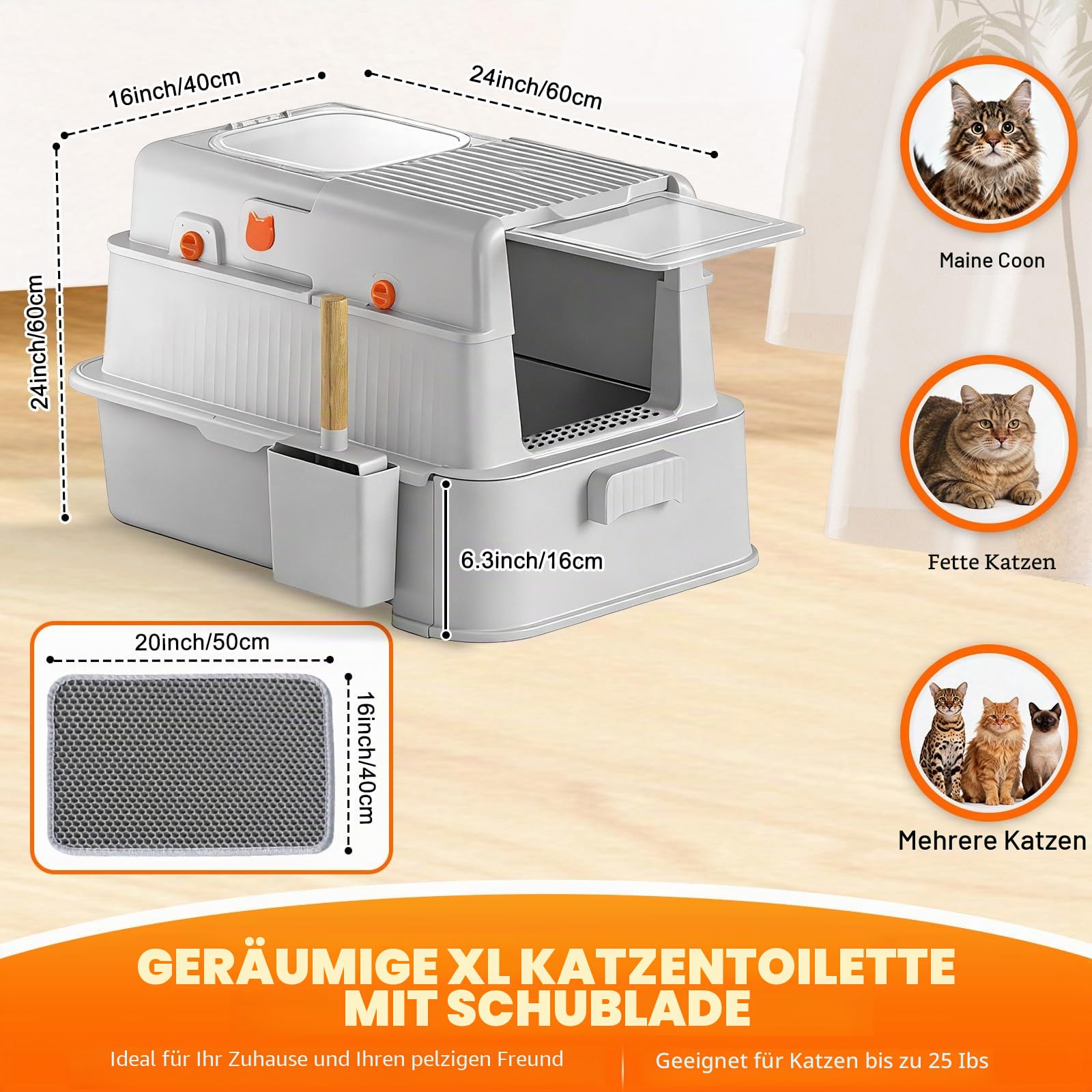 Homegroove Geschlossener Edelstahl-Katzenklo mit Schublade, XL Große Metall-Katzentoilette mit Deckel für Wohnungskatzen, Metall-Abdeckkasten mit Schaufel & Pedal (Hellgrau)