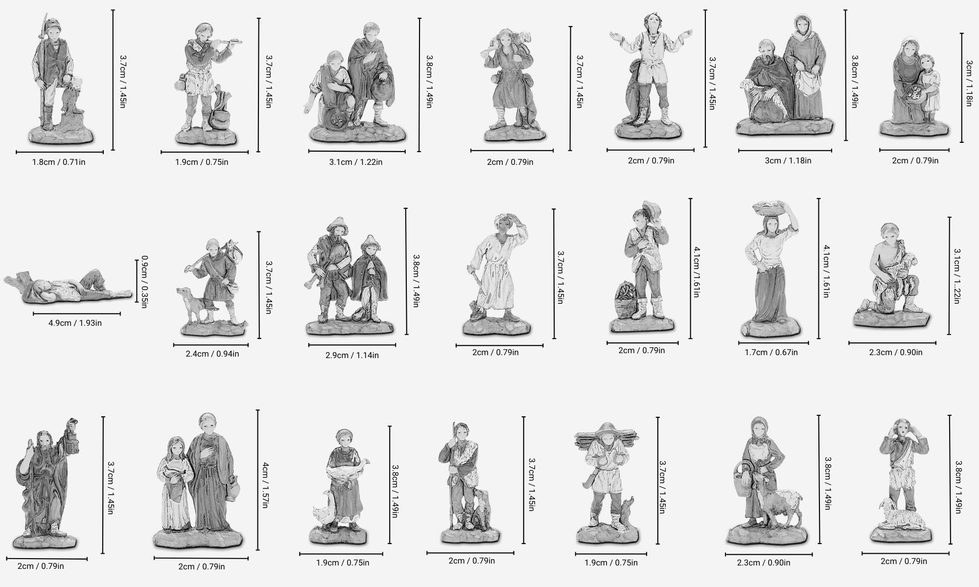 Moranduzzo Set 21 Pastori e 1 Cammello Adatto a Presepe da 3,5 cm Scala 1:50 – MICRO 3,5 – Statuina Indistruttibile, Stile '700, Rifinita a Mano, Scultore M. Landi, Made in Italy