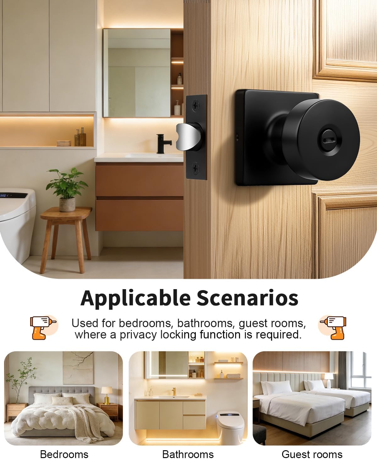 Probrico Privacy Keyless Door Knobs Interior 4 Pack, Modern Door Locks for Bedroom/Bathroom Inside, Classic Black Doorknobs Without Keys