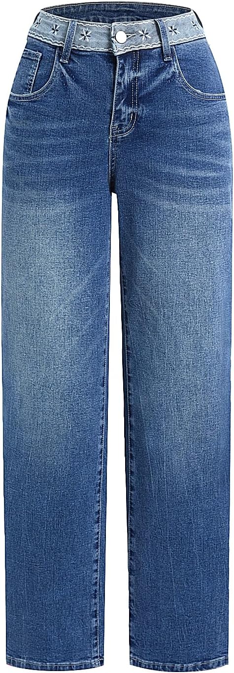Straight Leg Jeans for Women Trandy Low Rise Embroidered Stretch Wash Baggy Boyfriend Denim Jeans - Image 3