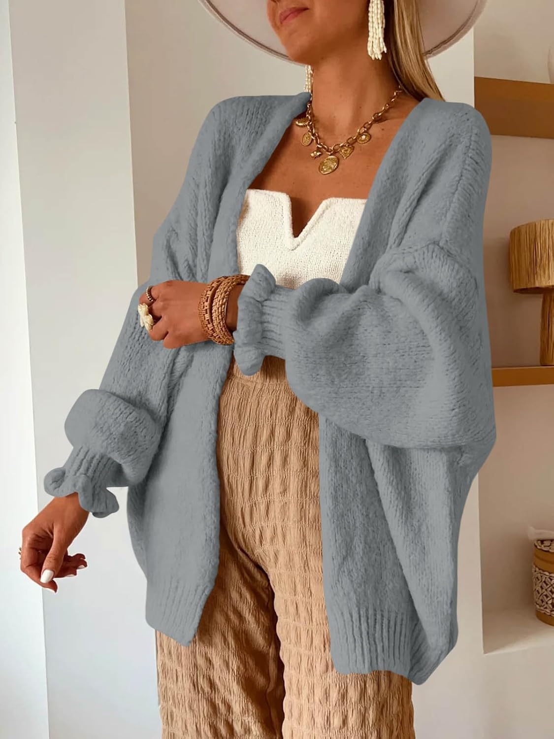 Saodimallsu Womens Oversized Open Front Cardigan Fall Ruffle Lantern Long Sleeve Chunky Knit Loose Sweater Coats - Image 3