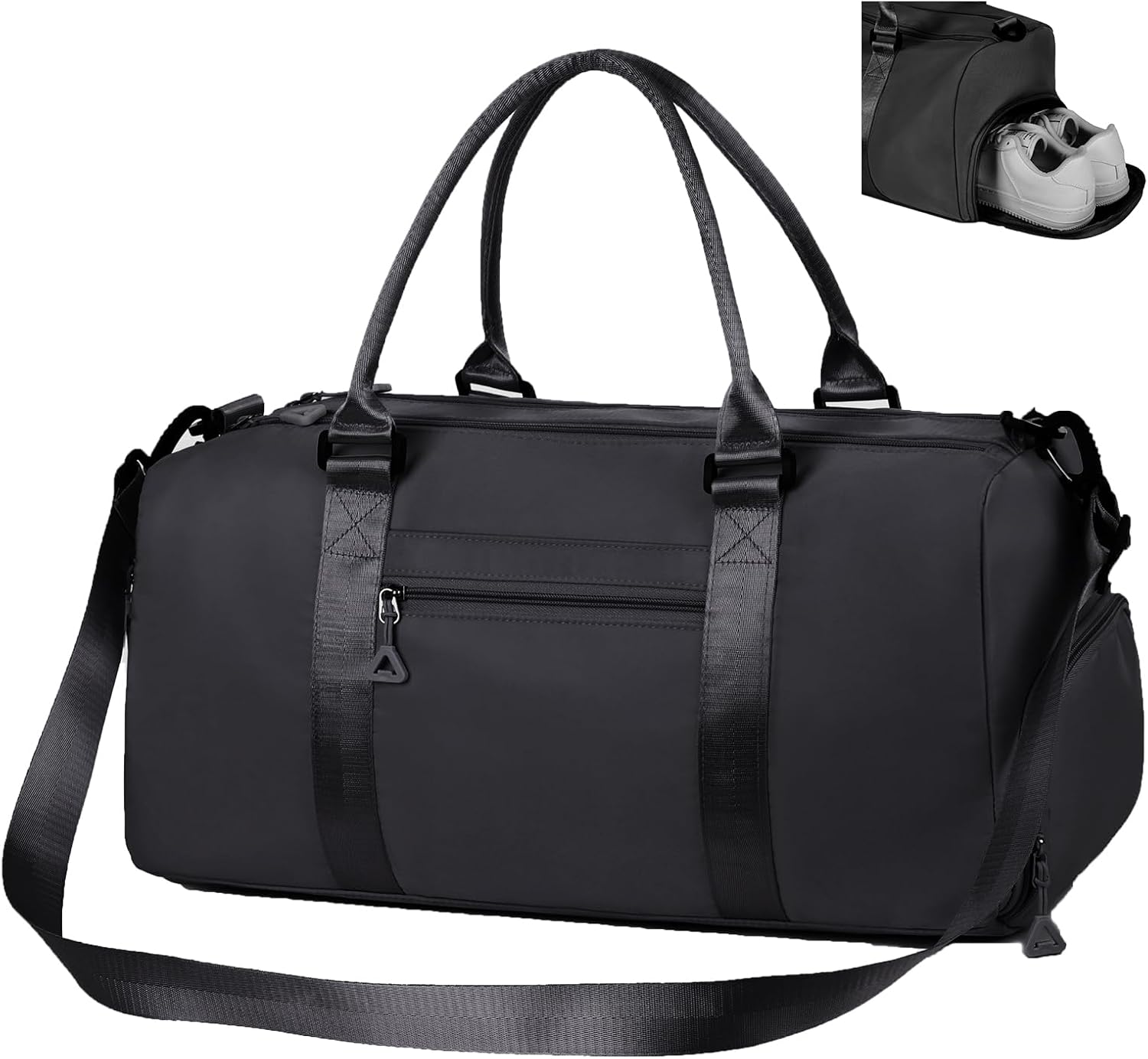 Gym Bag Womens Mens with Shoes Compartment and Wet Pocket,Travel Duffel Bag for Plane,Sport Gym Tote Bags Swimming Yoga,Waterproof Weekend Overnight Carry on Bag Hospital Holdalls (Black)