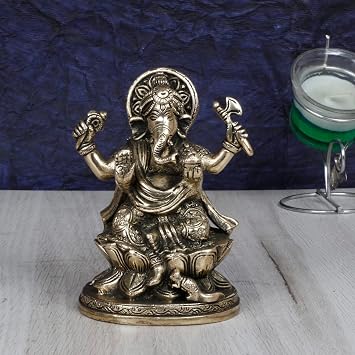 Artvarko Brass Ganesha Sitting on Lotus | Ganpati Murti Metal Statue for Home Office Entrance Decor Diwali Pooja 5 Inches