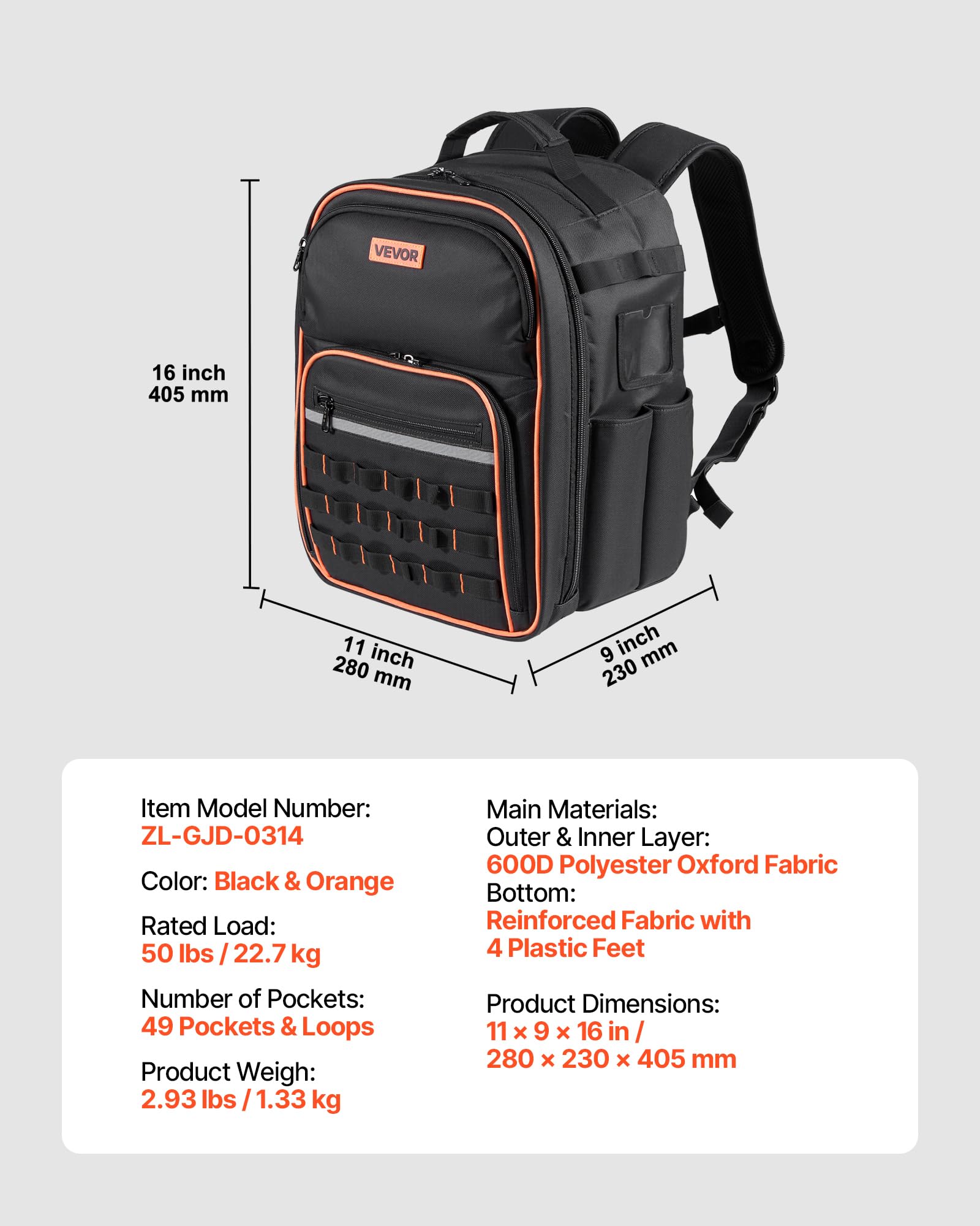 VEVOR Zaino Portautensili, 49 Tasche, Organizzatore per Attrezzi Pesanti, Zaino da Lavoro con Scomparto per Laptop e Base in Tessuto, Borsa da Cantiere per Elettricisti, Riparatori e Tecnici HVAC