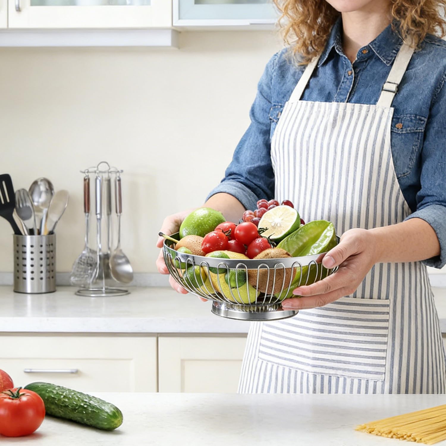 Tissting Ciotola per Frutta Acciaio Inossidabile Filo D'argento Cesto per Frutta Centrotavola per Tavolo Drenante Cavo Portaoggetti Decorativo per Frutta per Verdure Pane Frutta(26x11x11cm)