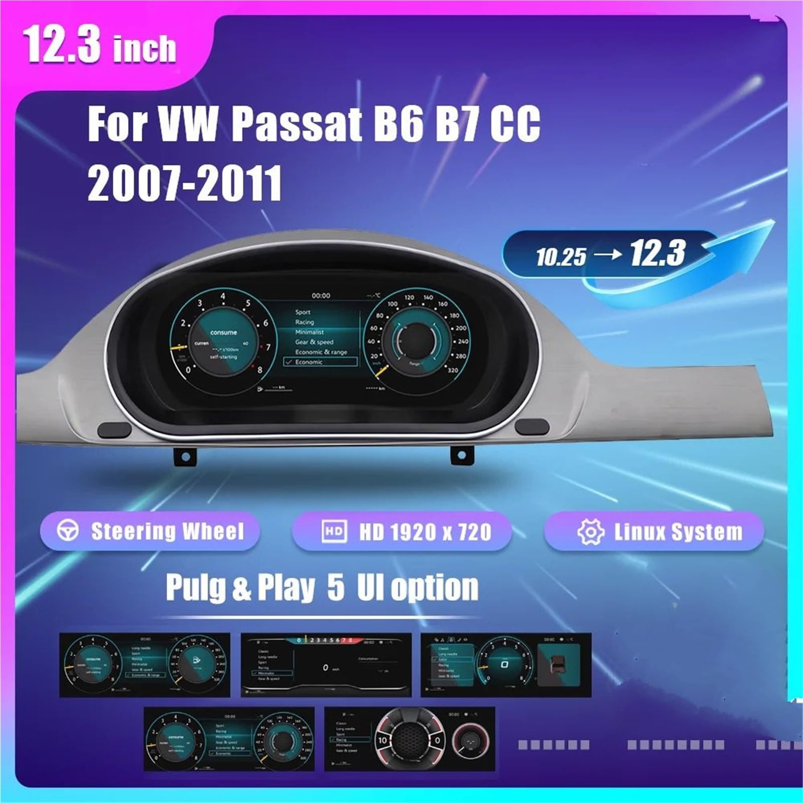 12,3-calowy cyfrowy wyświetlacz LCD Navidigital z panelem wskaźników, pasujący do VW Passata B6 B7 2007-2011. prędkościomierz,wyświetlacz Headup