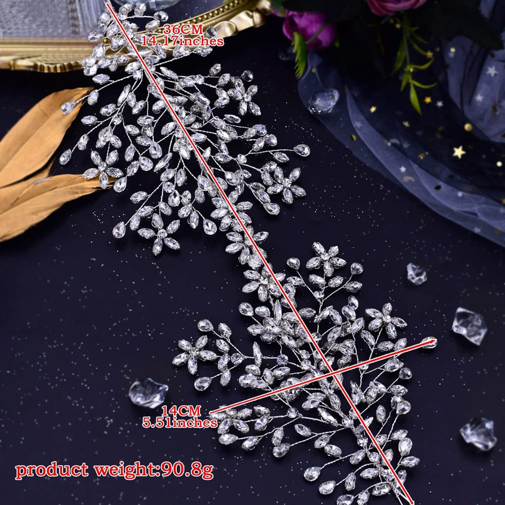 Kopfschmuck Hochzeit Braut Haarschmuck Silber Brautschmuck Haare Hochzeitsschmuck Damen Mädchen Haarreifen aus Strass Geschenk für Brautjungfern (lang 36cm/14inch)