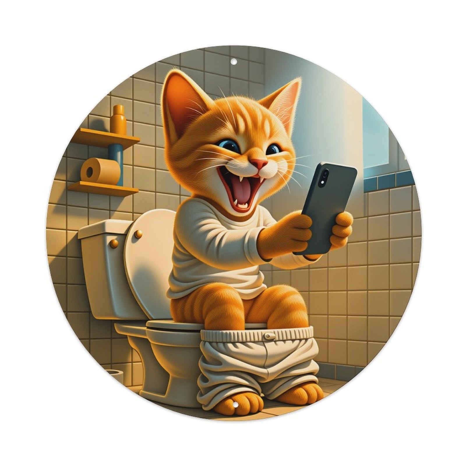 Cute Cat On Toilet With Phone Metal Tin Sign Vintage Garden Bedroom Cafe Bar Man Cave Home Wall Decor Metal Poster 8x8 inches