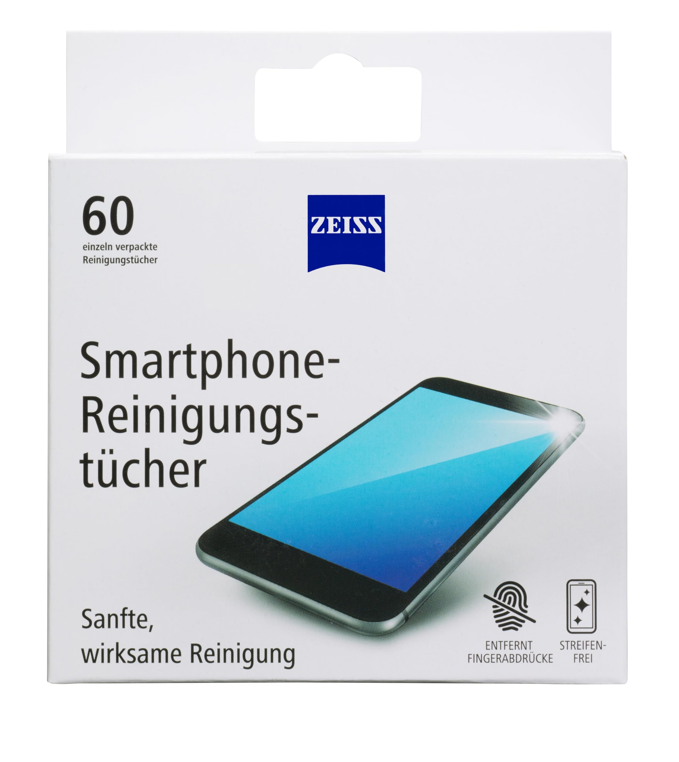 ZEISS Chusteczki do czyszczenia smartfonów, bezalkoholowe, 60 sztuk do bezpiecznego i efektywnego czyszczenia powierzchni optycznych – każda ściereczka pakowana pojedynczo – idealne w podróży lub w