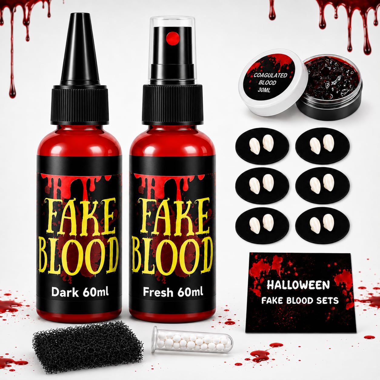 Halloween Fake Blood SFX Makeup Kit,12 PCS Horror Fangs+2.1oz Fake Blood Spray+2.1oz Dripping Blood+1.05oz Coagulated Gel Blood,Realistic Effects Washable,for Clothes,Zombie Vampire Monster