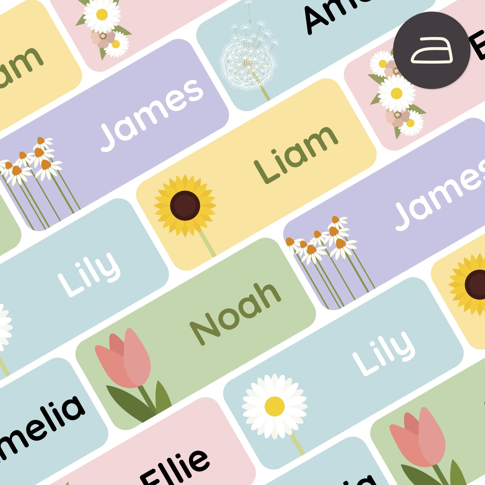 Teddylabels - Iron-On Clothing Labels (120 pcs. 1.2” x 0.5”) - Personalized, Waterproof, Laundry Safe - For Kids, School, Daycare, Nursery - Flowers