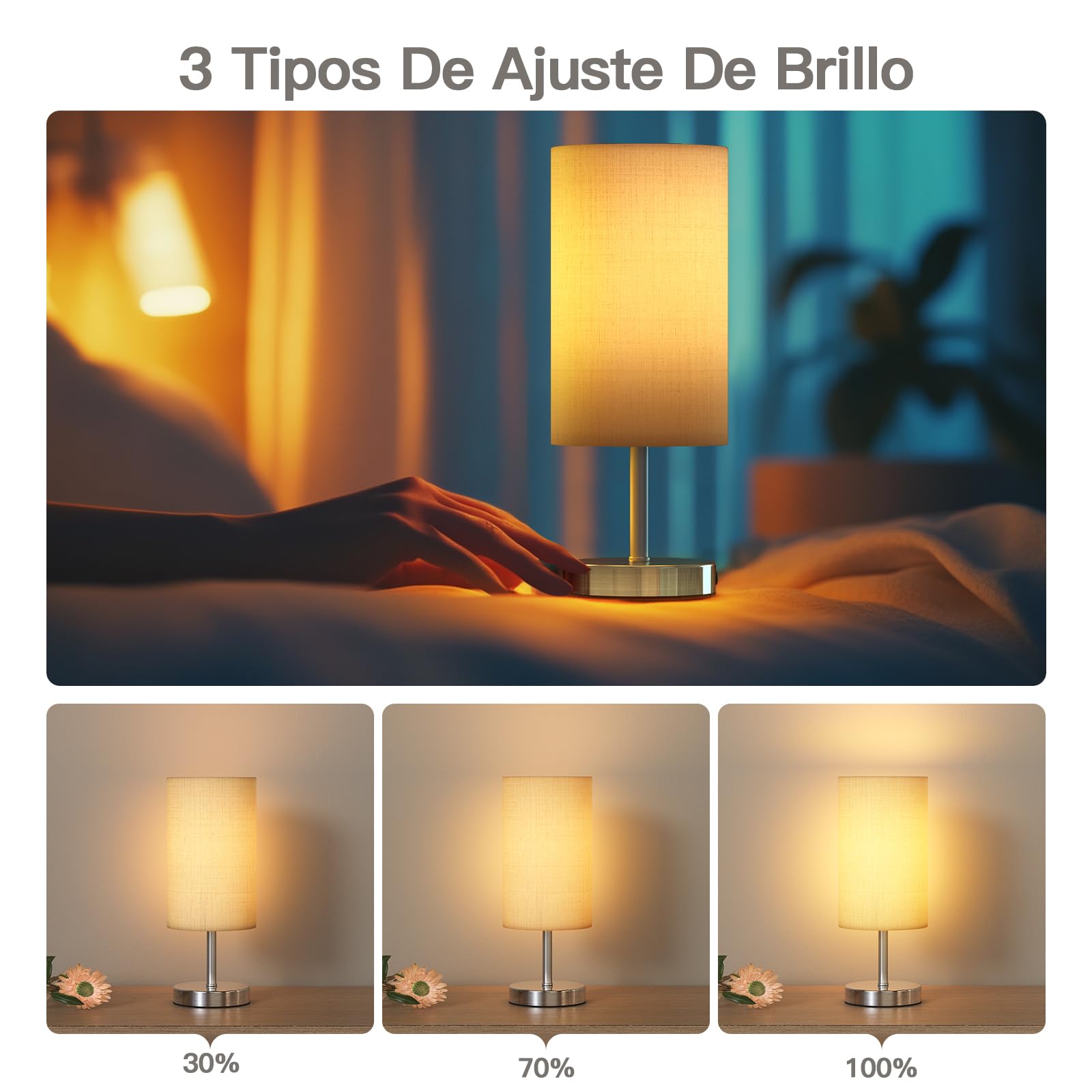 Tomshine Lámpara de Mesita de Noche Táctil Regulable, Lámpara de Mesa Tela Beige E27 con Bombilla LED 6W, 3 Niveles de Brillo Luz Nocturna Moderna para Dormitorio Salón, Pantalla Cilíndrica, 2700K