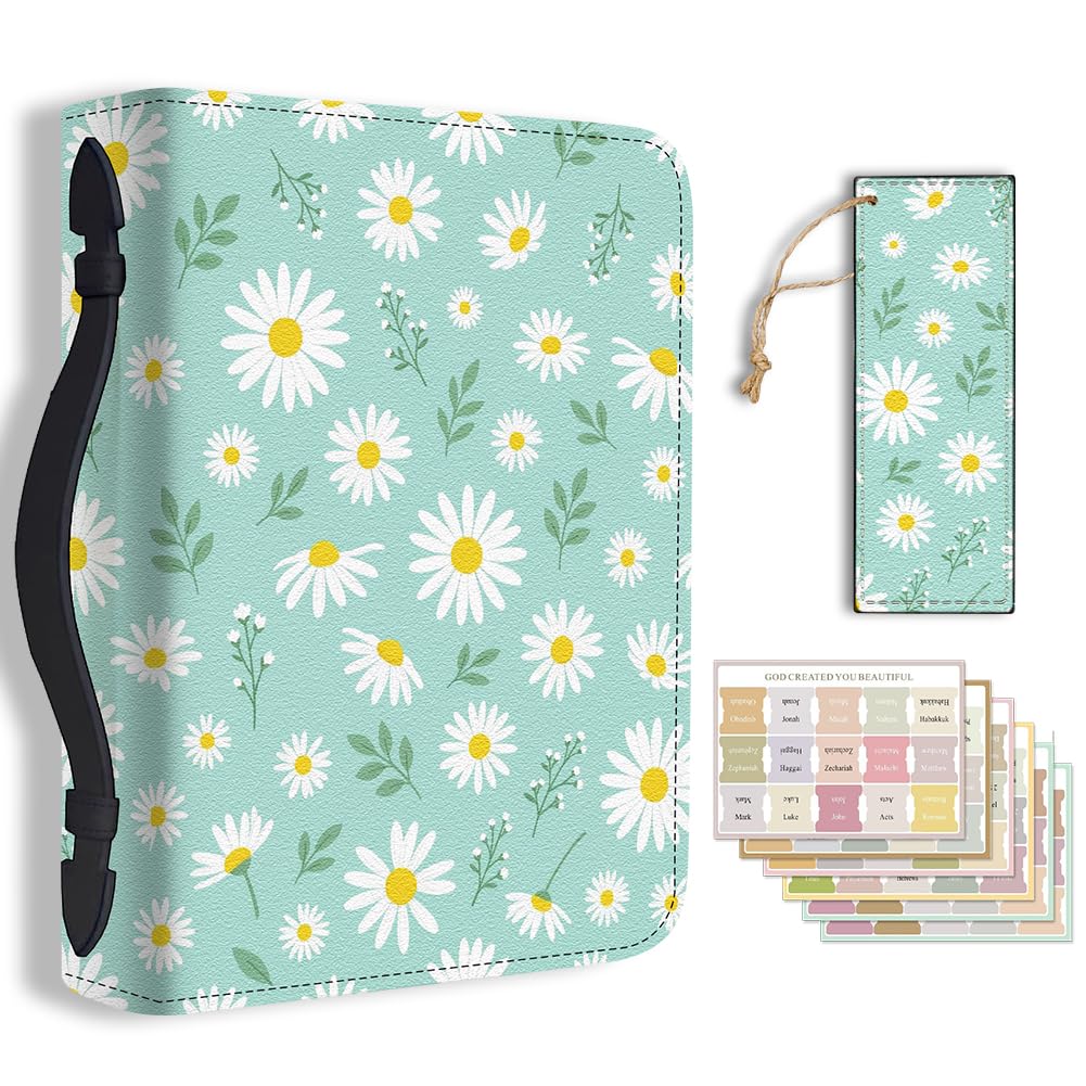 TNKBREEZE Bible Cover Case Leather Storage Bag Christian Gift Zippered Organizer with Bookmarks Tabs Green White Daisy Theme Church Book Holder for Women Girls Church Bible Study Supplies