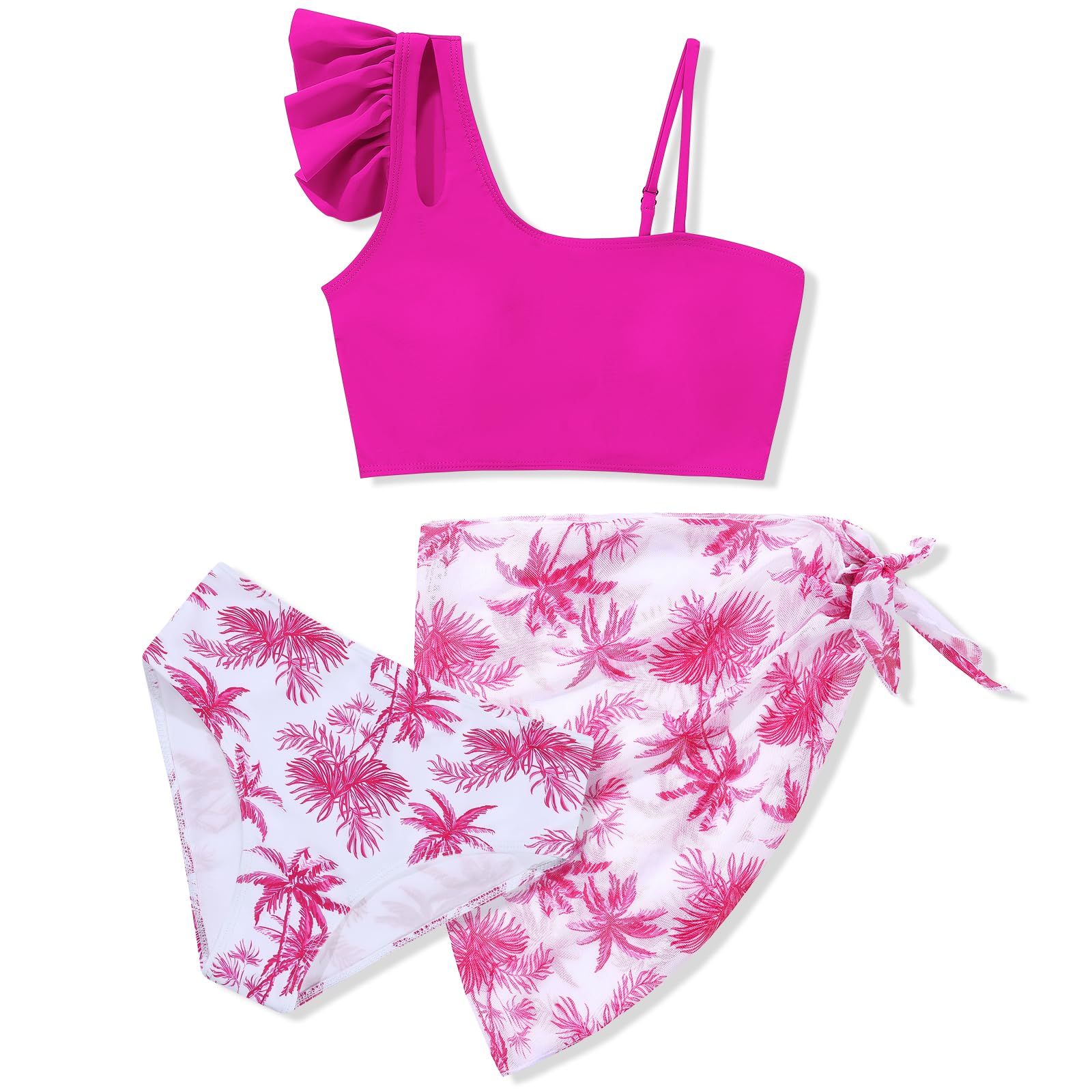 Girls Swimsuits Hawaiian Teen Bathing Suits 3 Piece Tropical Floral Ruffle Strap Bikini Set with Cover Up Skirt 9-16T