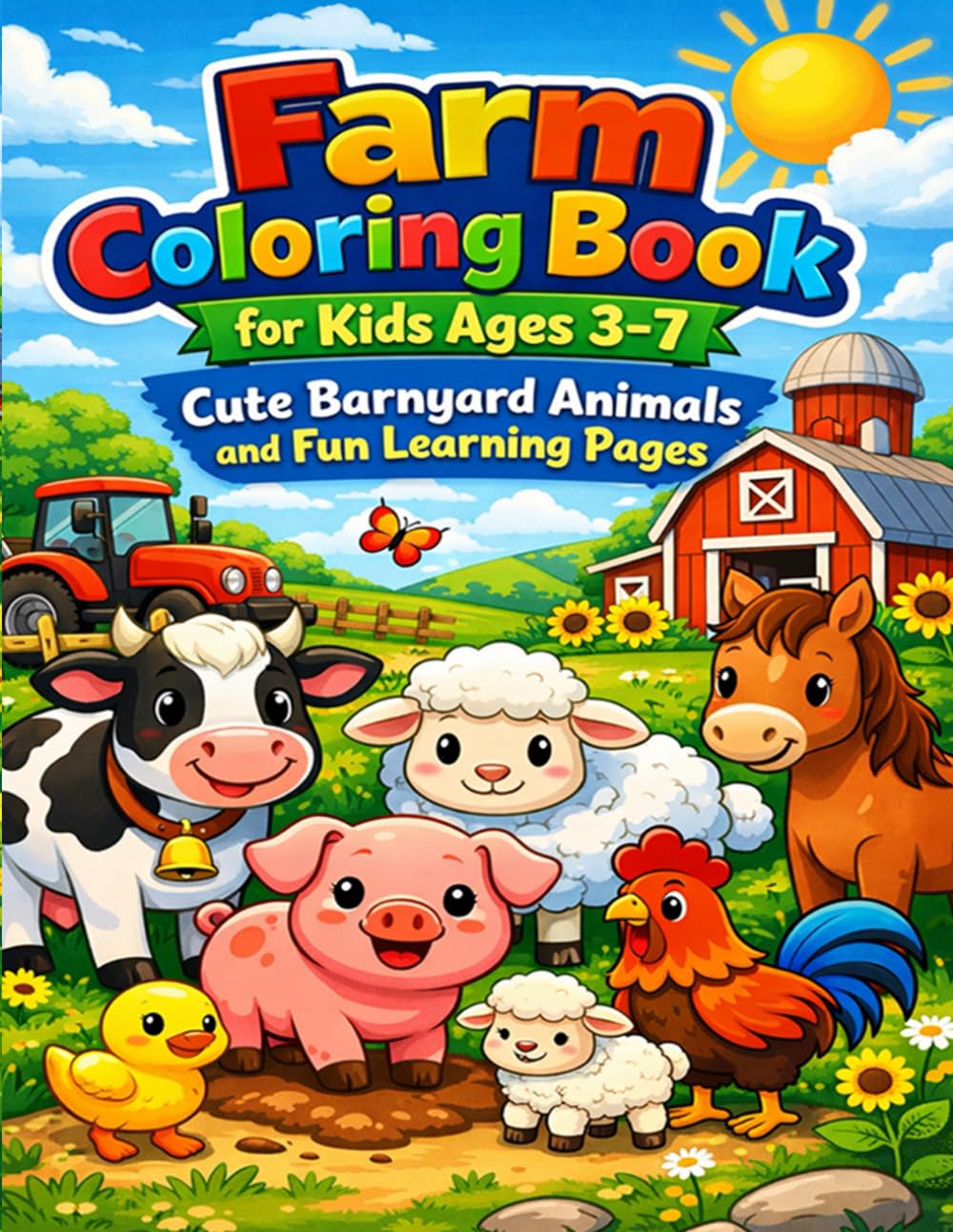 Farm Coloring Book for Kids Ages 3-7: Cute Barnyard Animals and Fun Learning Pages: Big and Simple Farm Animal Designs for Toddlers and Preschoolers Easy Educational Coloring Activity Book